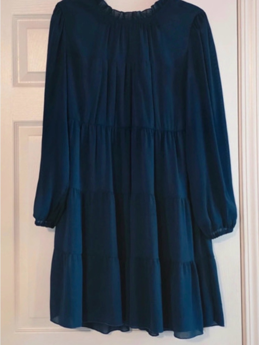KIRUNDO Teal Blue Long Sleeve Ruffle Tiered Mini Dress High Neck Tie Back Sz L
